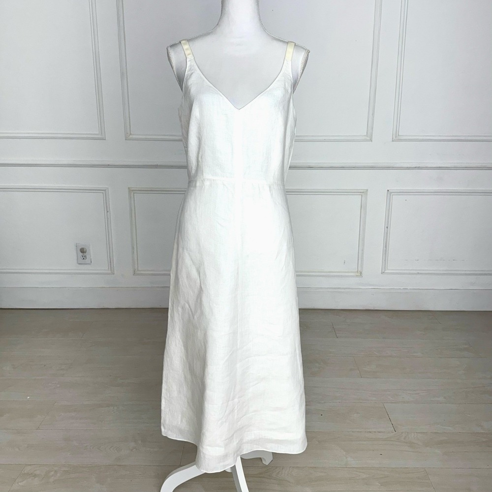 J.Crew Womens Ivory 100% Linen V-Neck Midi A-Line Graduation Dress Size 12